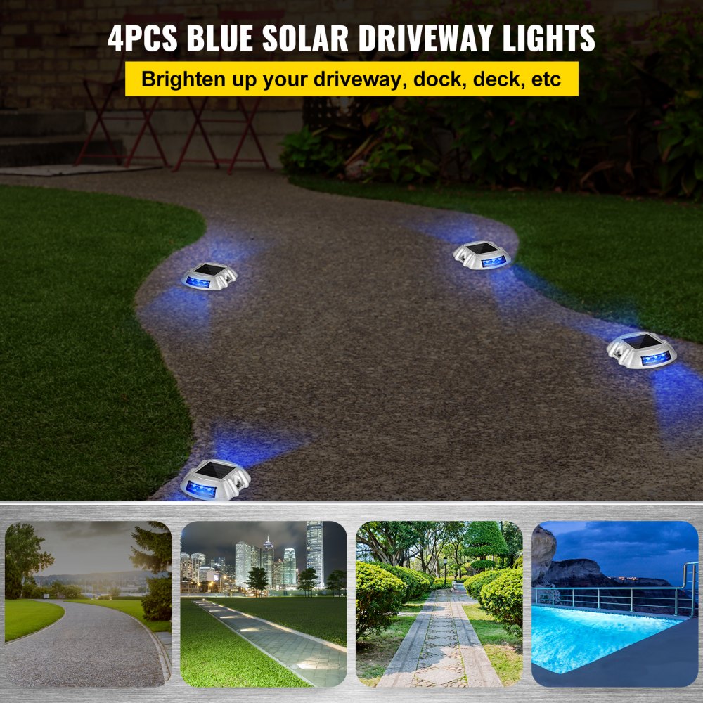 AMITOOLS Driveway Lights 4-Pack, Solar Driveway Lights with Switch Button, Solar Deck Lights Waterproof, Wireless Dock Lights 6 LEDs for Path Warning Garden Walkway Sidewalk Steps, LED Bright Blue