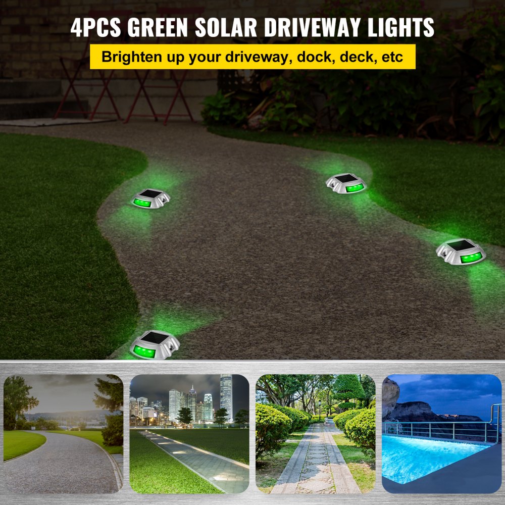 AMITOOLSVevor Driveway Lights, 4-Pack Solar Driveway Lights with Switch Button, Solar Deck Lights Waterproof, Wireless Dock Lights 6 LEDs for Path Warning Garden Walkway Sidewalk Steps, LED Bright Green