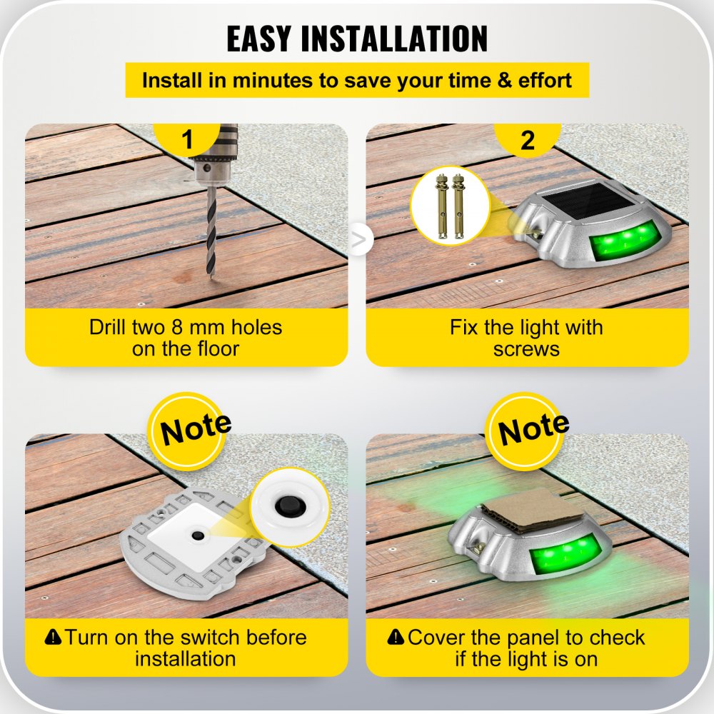 AMITOOLSVevor Driveway Lights, 4-Pack Solar Driveway Lights with Switch Button, Solar Deck Lights Waterproof, Wireless Dock Lights 6 LEDs for Path Warning Garden Walkway Sidewalk Steps, LED Bright Green