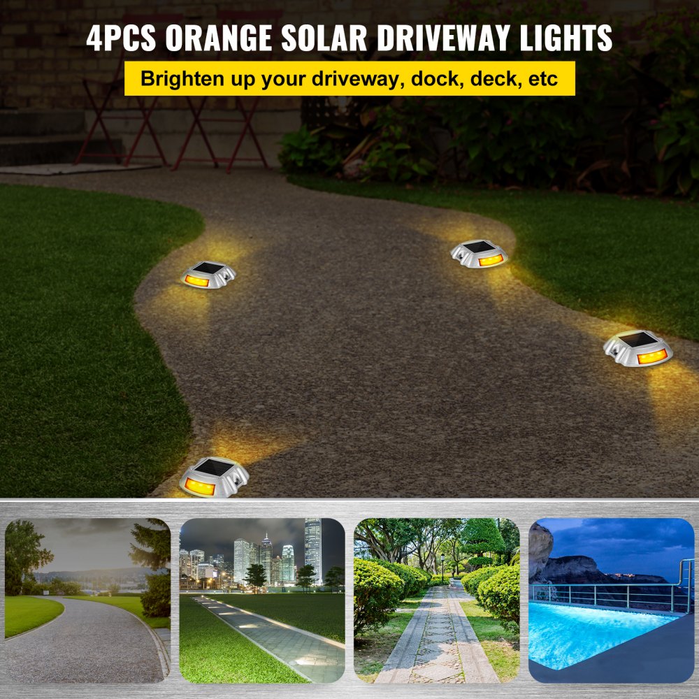 AMITOOLSVevor Driveway Lights, 4-Pack Solar Driveway Lights with Switch Button, Solar Deck Lights Waterproof, Wireless Dock Lights 6 LEDs for Path Warning Garden Walkway Sidewalk Steps, LED Bright Orange