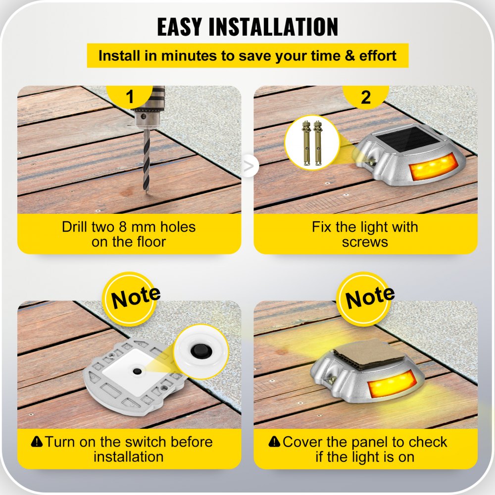 AMITOOLSVevor Driveway Lights, 4-Pack Solar Driveway Lights with Switch Button, Solar Deck Lights Waterproof, Wireless Dock Lights 6 LEDs for Path Warning Garden Walkway Sidewalk Steps, LED Bright Orange