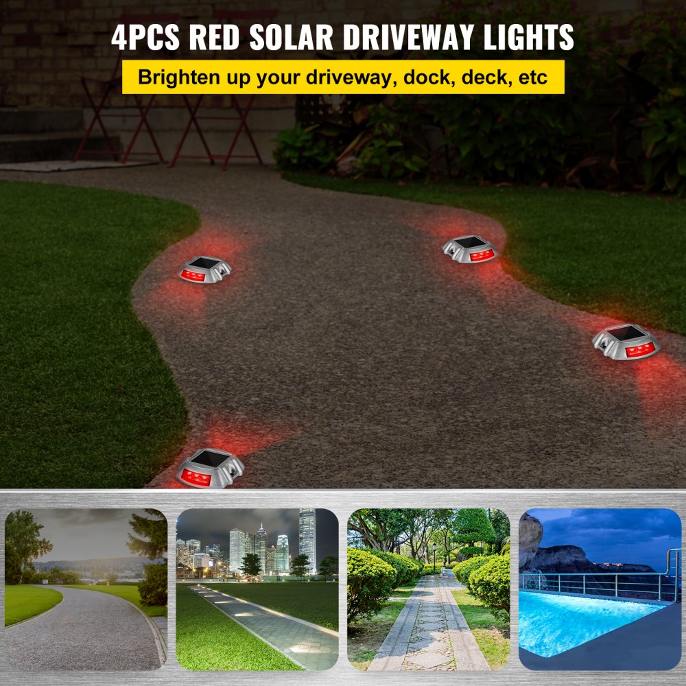 AMITOOLSVevor Driveway Lights, 4-Pack Solar Driveway Lights with Switch Button, Solar Deck Lights Waterproof, Wireless Dock Lights 6 LEDs for Path Warning Garden Walkway Sidewalk Steps, LED Bright Red