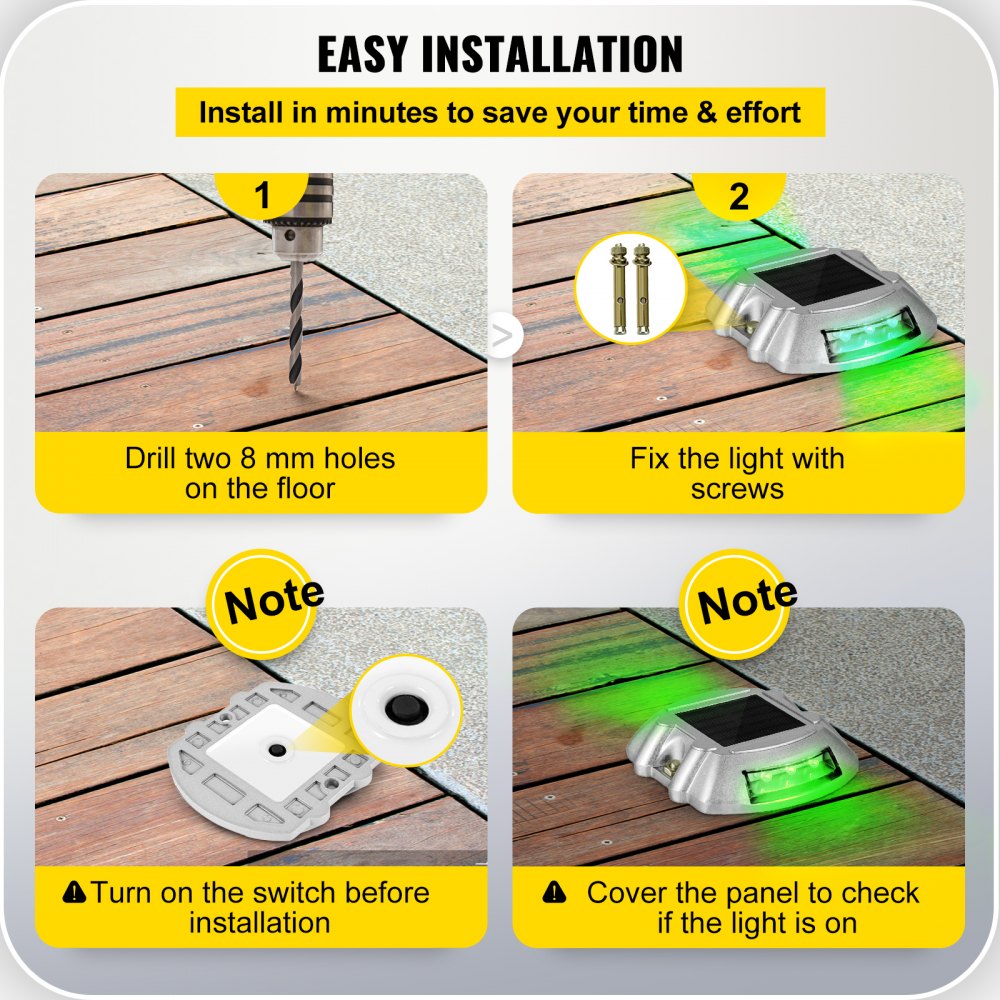 AMITOOLSVevor Driveway Lights, 8-Pack Solar Driveway Lights with Switch Button, Solar Deck Lights Waterproof, Wireless Dock Lights 6 LEDs for Path Warning Garden Walkway Sidewalk Steps, LED Bright Green