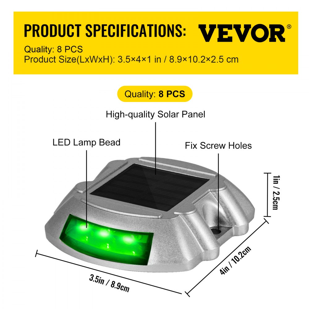 AMITOOLSVevor Driveway Lights, 8-Pack Solar Driveway Lights with Switch Button, Solar Deck Lights Waterproof, Wireless Dock Lights 6 LEDs for Path Warning Garden Walkway Sidewalk Steps, LED Bright Green