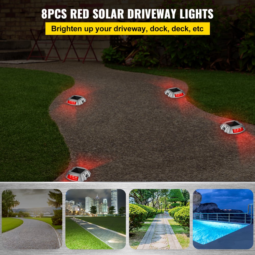 AMITOOLSVevor Driveway Lights, 8-Pack Solar Driveway Lights with Switch Button, Solar Deck Lights Waterproof, Wireless Dock Lights 6 LEDs for Path Warning Garden Walkway Sidewalk Steps, LED Bright Red