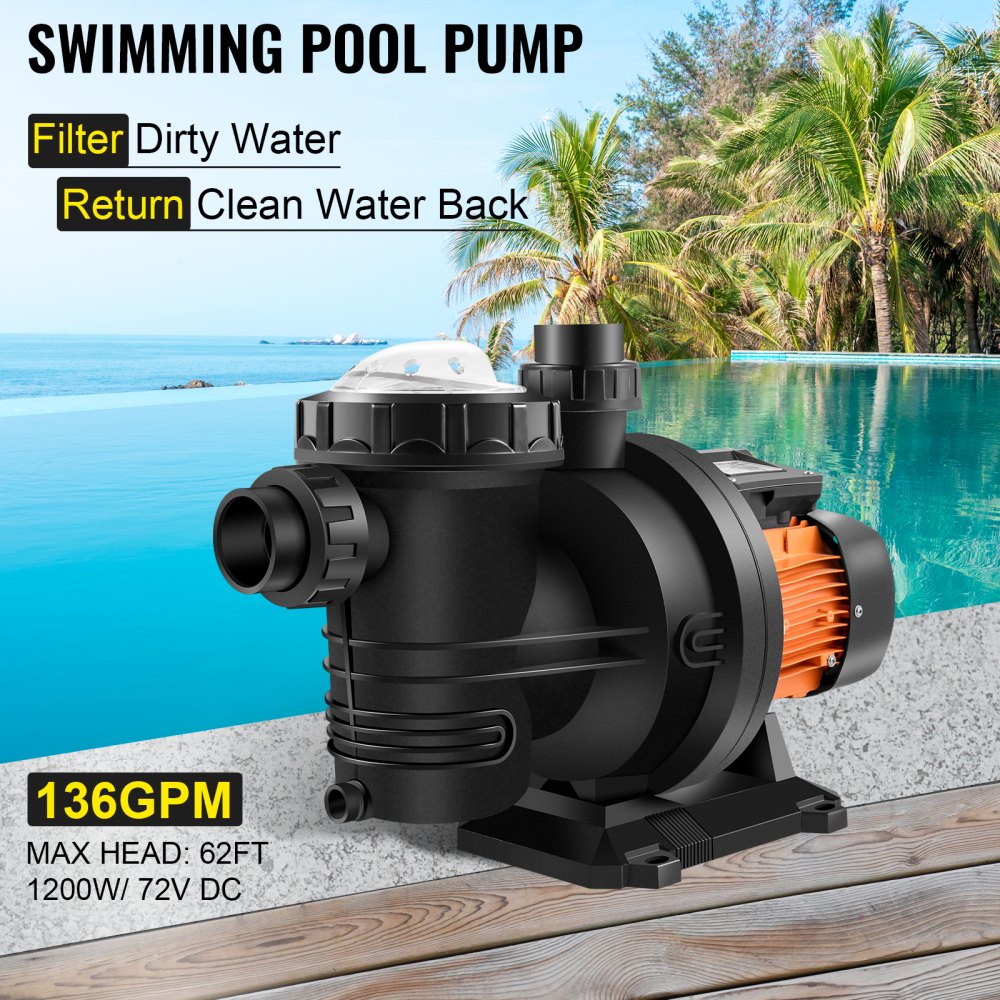 AMITOOLS Pool Pump Swimming Pool Pump 72V DC/1200W Solar Water Pump 62 FT/136 GPM