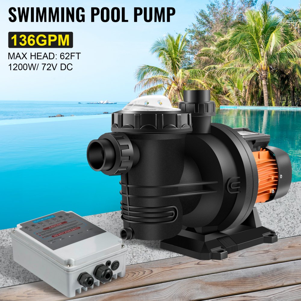 AMITOOLS Pool Pump Swimming Pool Pump 72V DC/1200W Solar Water Pump 62 FT/136 GPM