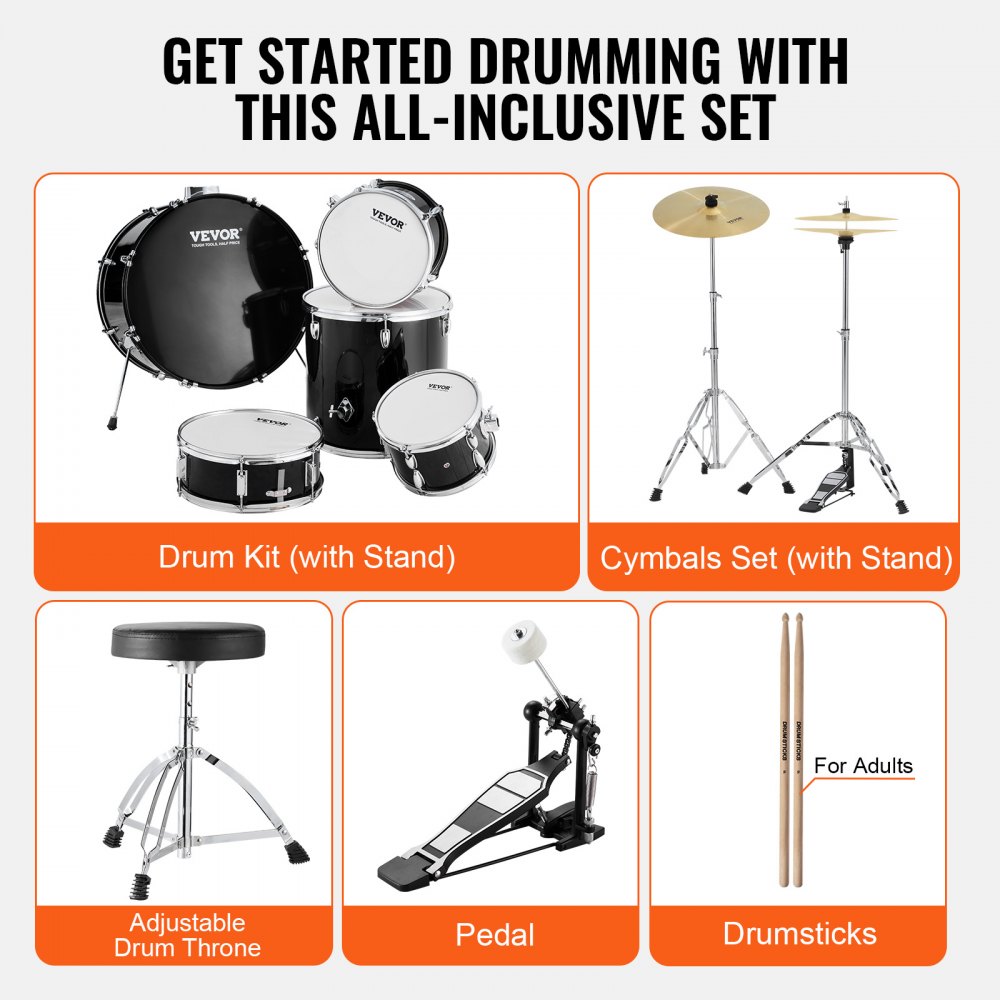 AMITOOLS Adult Drum Set, 5-Piece, 22 inches Complete Full Size Drum Kit with Bass Toms Snare Floor Drum Adjustable Throne Stands Cymbal Hi-Hat Pedal and Drumsticks, Beginner Drum Kit for Adults, Black