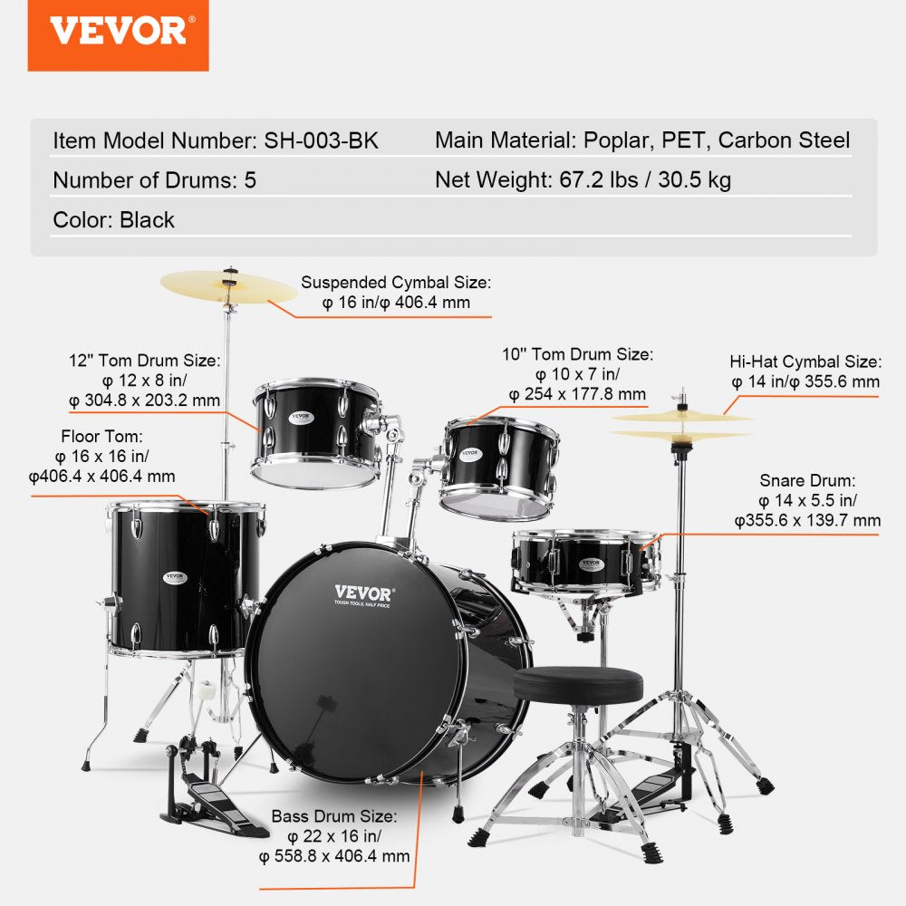 AMITOOLS Adult Drum Set, 5-Piece, 22 inches Complete Full Size Drum Kit with Bass Toms Snare Floor Drum Adjustable Throne Stands Cymbal Hi-Hat Pedal and Drumsticks, Beginner Drum Kit for Adults, Black