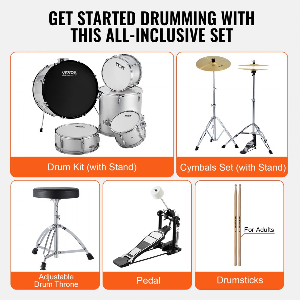 AMITOOLS Adult Drum Set, 5-Piece, 22 inches Complete Full Size Drum Kit with Bass Toms Snare Floor Drum Adjustable Throne Stands Cymbal Hi-Hat Pedal and Drumsticks, Beginner Drum Kit for Adults, Silver