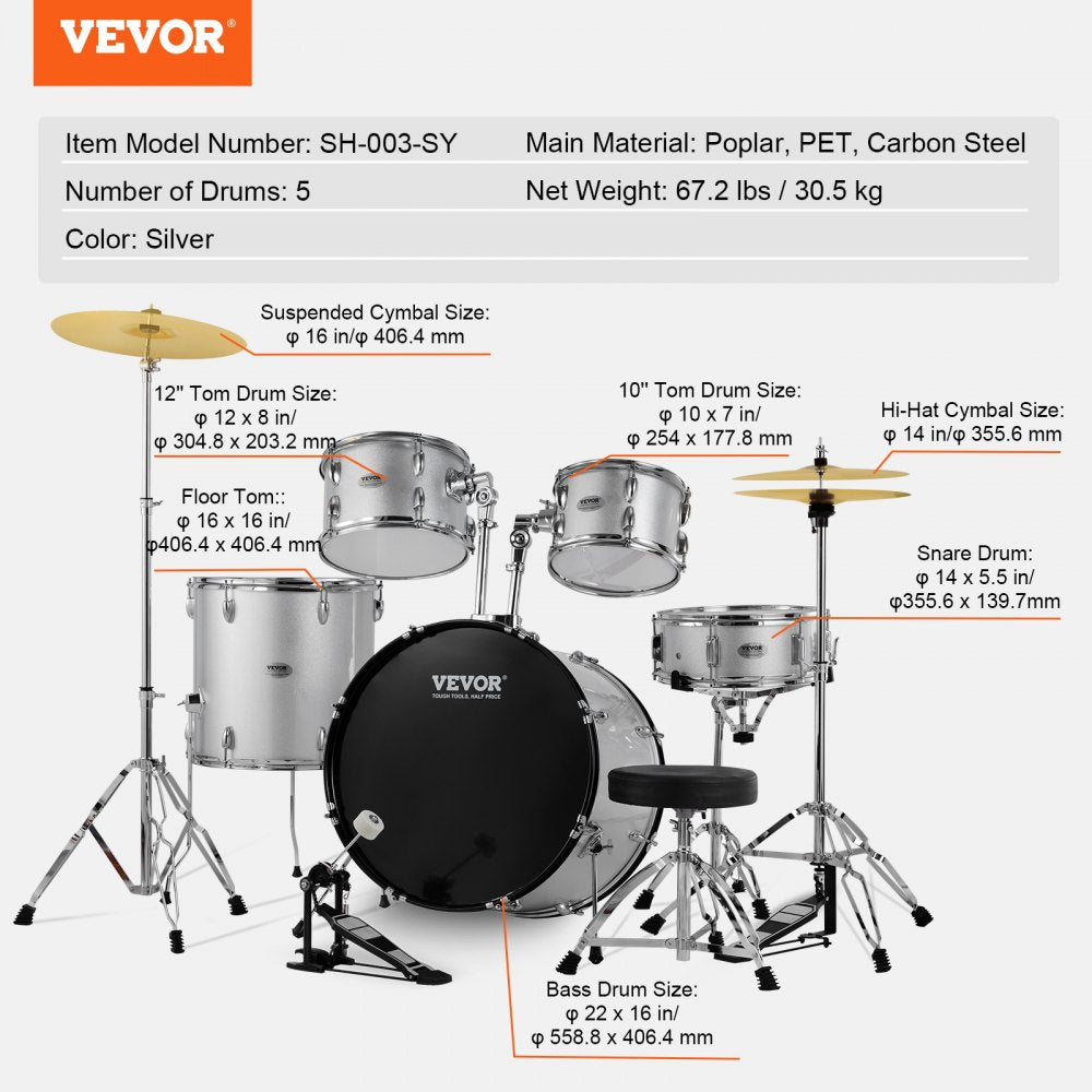 AMITOOLS Adult Drum Set, 5-Piece, 22 inches Complete Full Size Drum Kit with Bass Toms Snare Floor Drum Adjustable Throne Stands Cymbal Hi-Hat Pedal and Drumsticks, Beginner Drum Kit for Adults, Silver