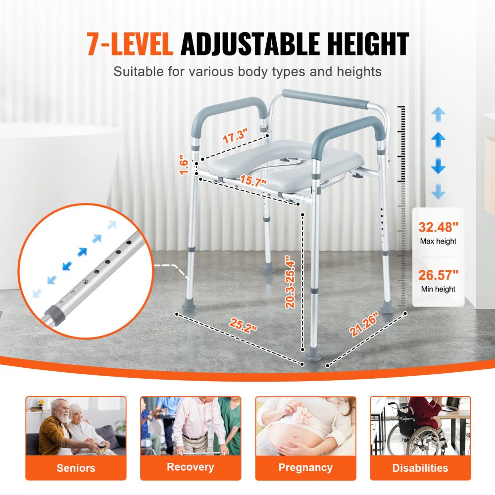 AMITOOLS Commode Chair, Bedside Commode with Padded Seat and Arms, 7-Level Adjustable Height, 5.8L Removable Bucket, Easy to Assemble, 350 LBS Capacity, Raised Toilet Seat for Adults Seniors