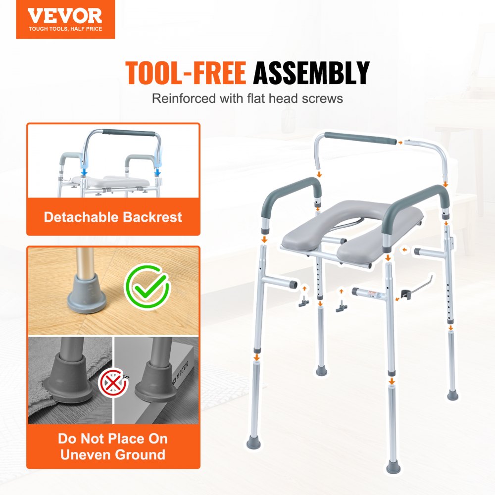 AMITOOLS Commode Chair, Bedside Commode with Padded Seat and Arms, 7-Level Adjustable Height, 5.8L Removable Bucket, Easy to Assemble, 350 LBS Capacity, Raised Toilet Seat for Adults Seniors