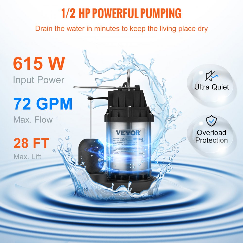 AMITOOLS Submersible Sump Pump Water Pump 1/2 HP 4320GPH Cast Iron Steel Basement