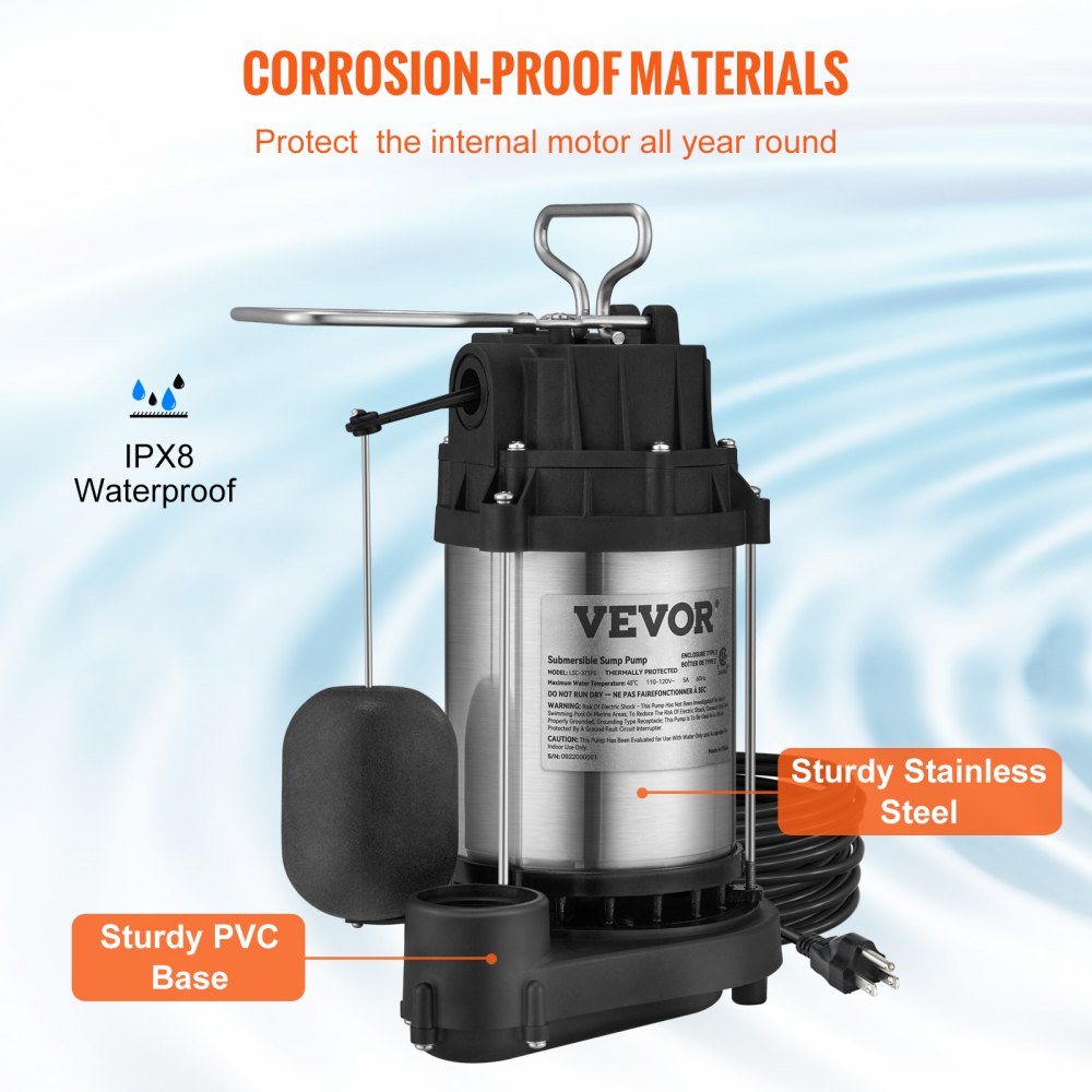 AMITOOLS Submersible Sump Pump Water Pump 1/2 HP 4320GPH Cast Iron Steel Basement