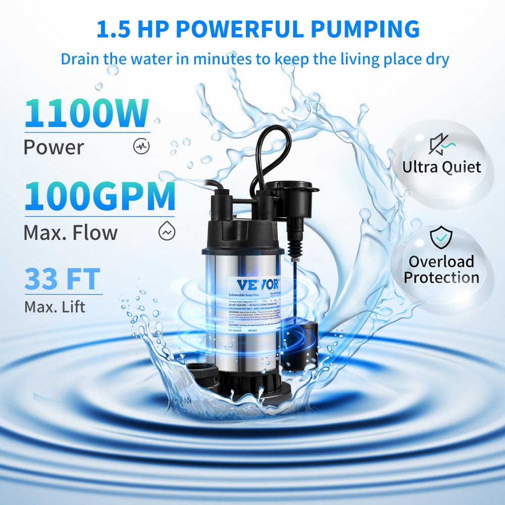 AMITOOLS 1.5 HP Submersible Cast Iron and Steel Sump Pump, 6000 GPH Submersible Water Pump with Integrated Vertical Float Switch, for Basement Water Basin and Flooding Area