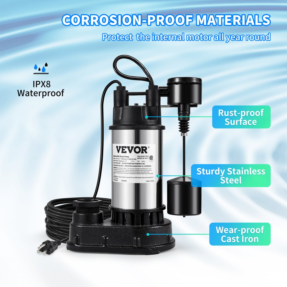 AMITOOLS 1.5 HP Submersible Cast Iron and Steel Sump Pump, 6000 GPH Submersible Water Pump with Integrated Vertical Float Switch, for Basement Water Basin and Flooding Area