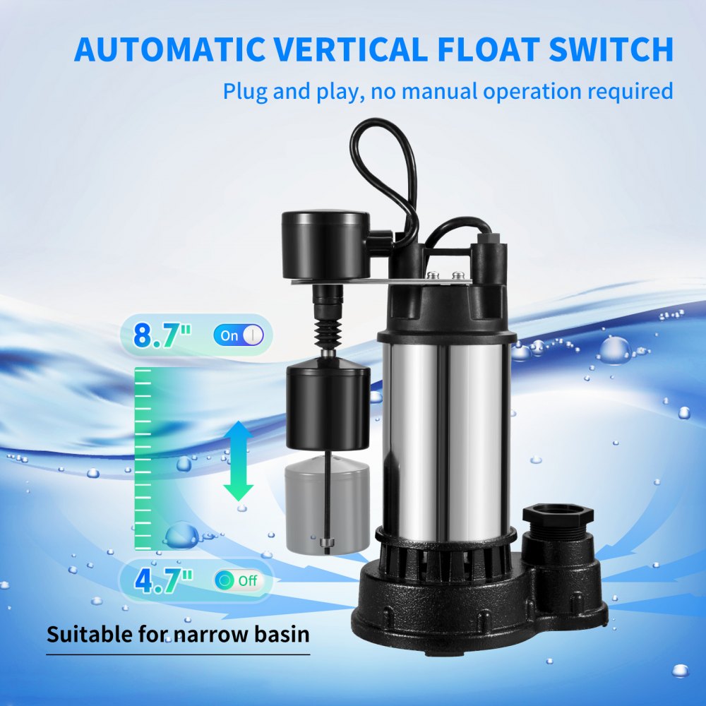 AMITOOLS 1.5 HP Submersible Cast Iron and Steel Sump Pump, 6000 GPH Submersible Water Pump with Integrated Vertical Float Switch, for Basement Water Basin and Flooding Area