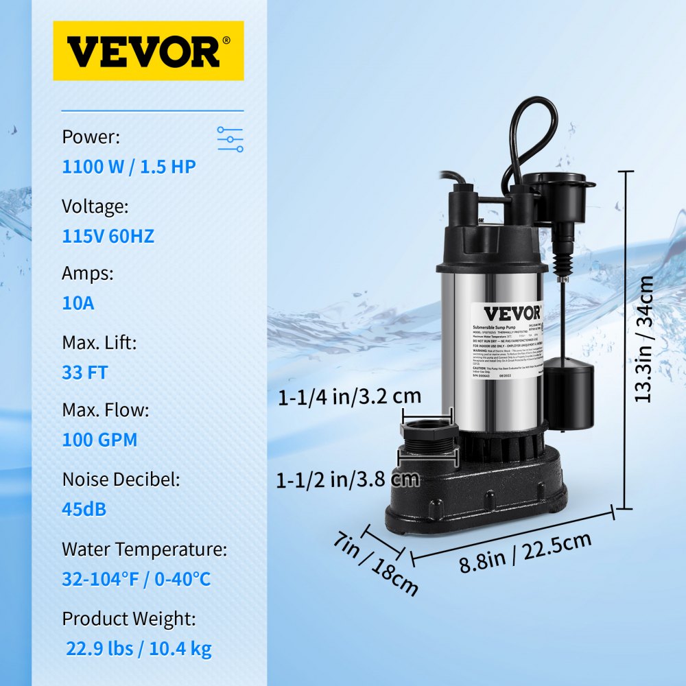 AMITOOLS 1.5 HP Submersible Cast Iron and Steel Sump Pump, 6000 GPH Submersible Water Pump with Integrated Vertical Float Switch, for Basement Water Basin and Flooding Area