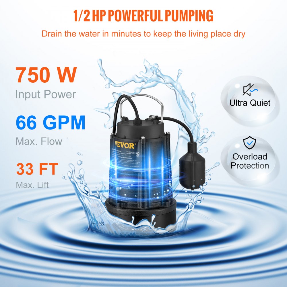 AMITOOLS Sump Pump, 1/2 HP 3960 GPH, Submersible Cast Iron Water Pump, 1-1/2