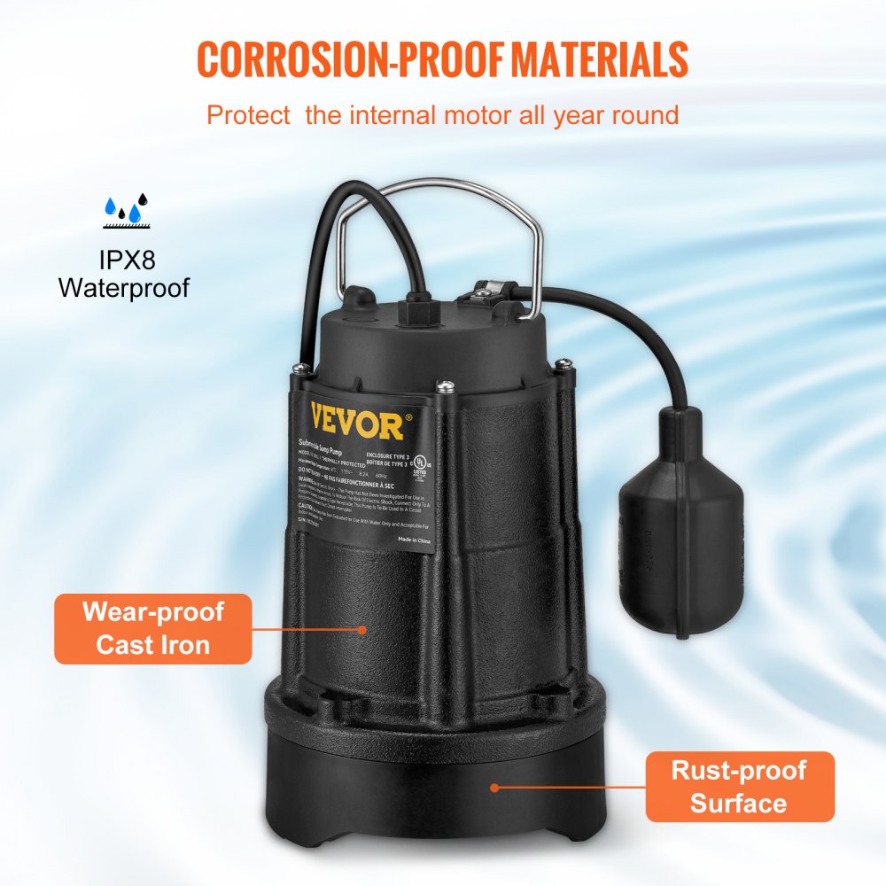 AMITOOLS Sump Pump, 1/2 HP 3960 GPH, Submersible Cast Iron Water Pump, 1-1/2