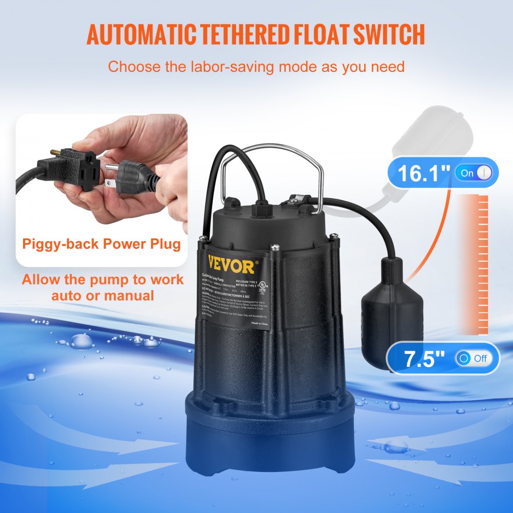 AMITOOLS Sump Pump, 1/2 HP 3960 GPH, Submersible Cast Iron Water Pump, 1-1/2