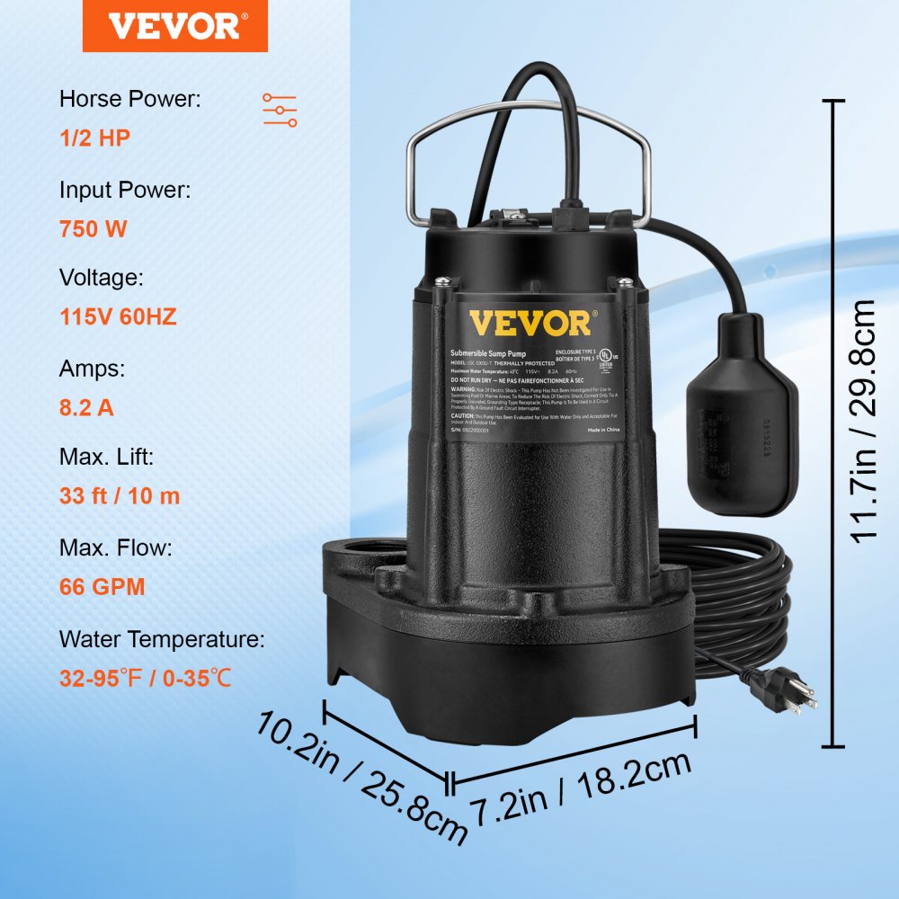 AMITOOLS Sump Pump, 1/2 HP 3960 GPH, Submersible Cast Iron Water Pump, 1-1/2