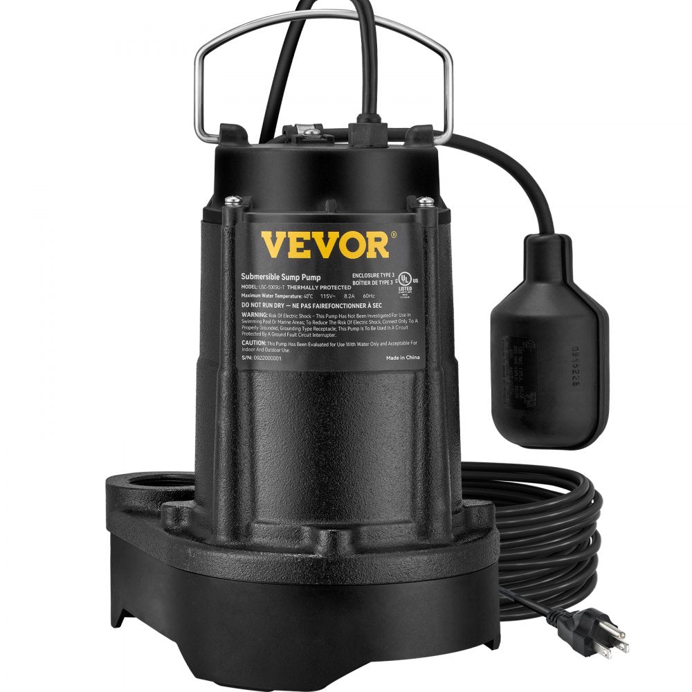 AMITOOLS Sump Pump, 1/2 HP 3960 GPH, Submersible Cast Iron Water Pump, 1-1/2