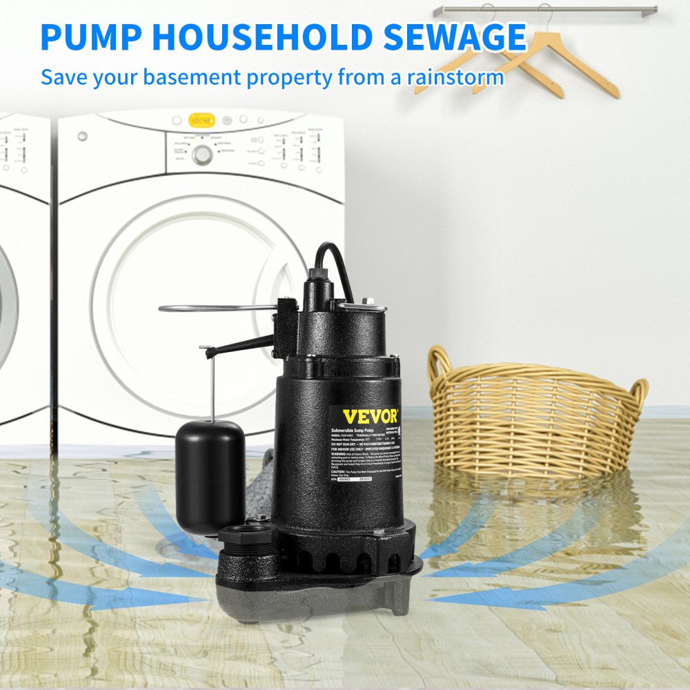 AMITOOLS 1HP Sewage Pump, 5600 GPH Cast Iron Submersible Sump Pump with Automatic Snap-action Float Switch, Heavy-Duty Submersible Sewage, Basement Tested to CSA Standards