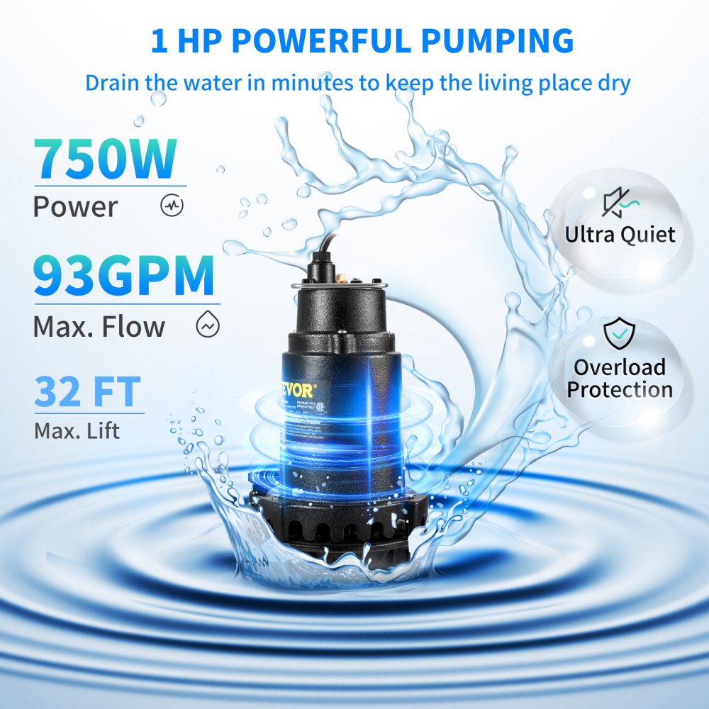 AMITOOLS 1HP Sewage Pump, 5600 GPH Cast Iron Submersible Sump Pump with Automatic Snap-action Float Switch, Heavy-Duty Submersible Sewage, Basement Tested to CSA Standards