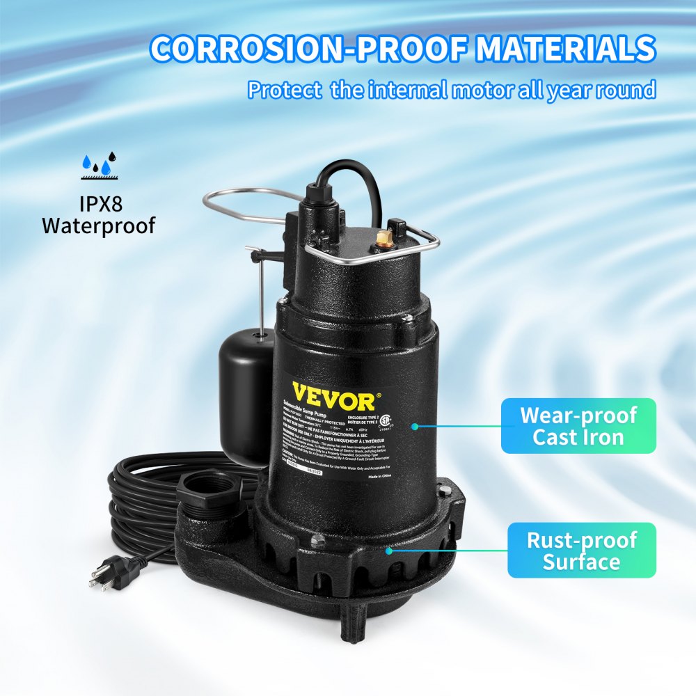 AMITOOLS 1HP Sewage Pump, 5600 GPH Cast Iron Submersible Sump Pump with Automatic Snap-action Float Switch, Heavy-Duty Submersible Sewage, Basement Tested to CSA Standards