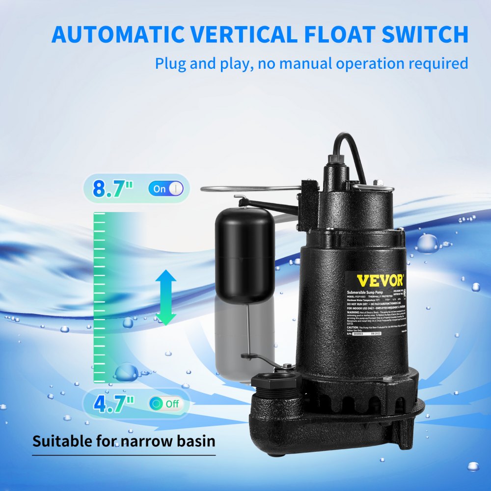 AMITOOLS 1HP Sewage Pump, 5600 GPH Cast Iron Submersible Sump Pump with Automatic Snap-action Float Switch, Heavy-Duty Submersible Sewage, Basement Tested to CSA Standards