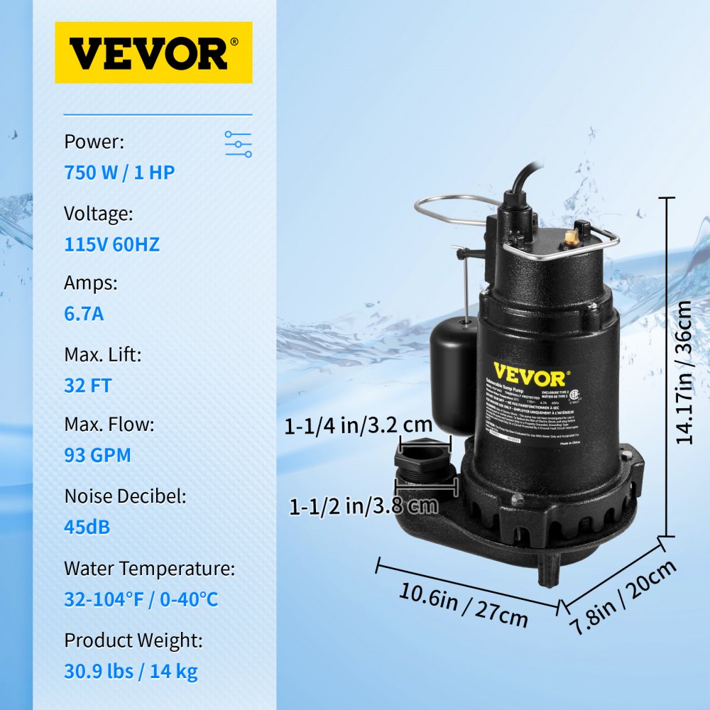 AMITOOLS 1HP Sewage Pump, 5600 GPH Cast Iron Submersible Sump Pump with Automatic Snap-action Float Switch, Heavy-Duty Submersible Sewage, Basement Tested to CSA Standards