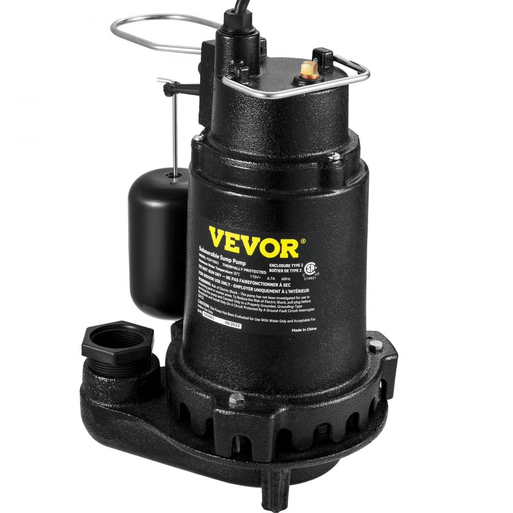 AMITOOLS 1HP Sewage Pump, 5600 GPH Cast Iron Submersible Sump Pump with Automatic Snap-action Float Switch, Heavy-Duty Submersible Sewage, Basement Tested to CSA Standards