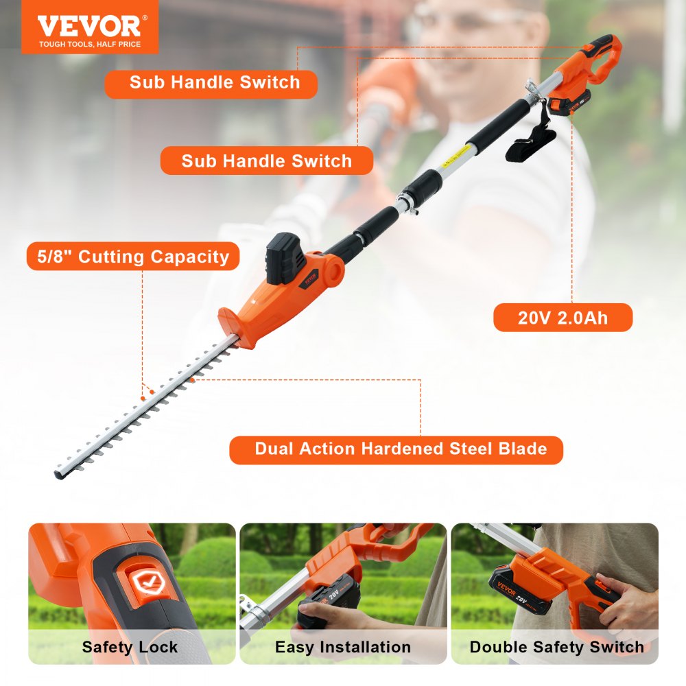 AMITOOLS 20V Cordless Hedge Trimmer, 18 inch Double-edged Steel Blade, Pole Hedge Trimmer Kit 20V Battery, Fast Charger Included, 74