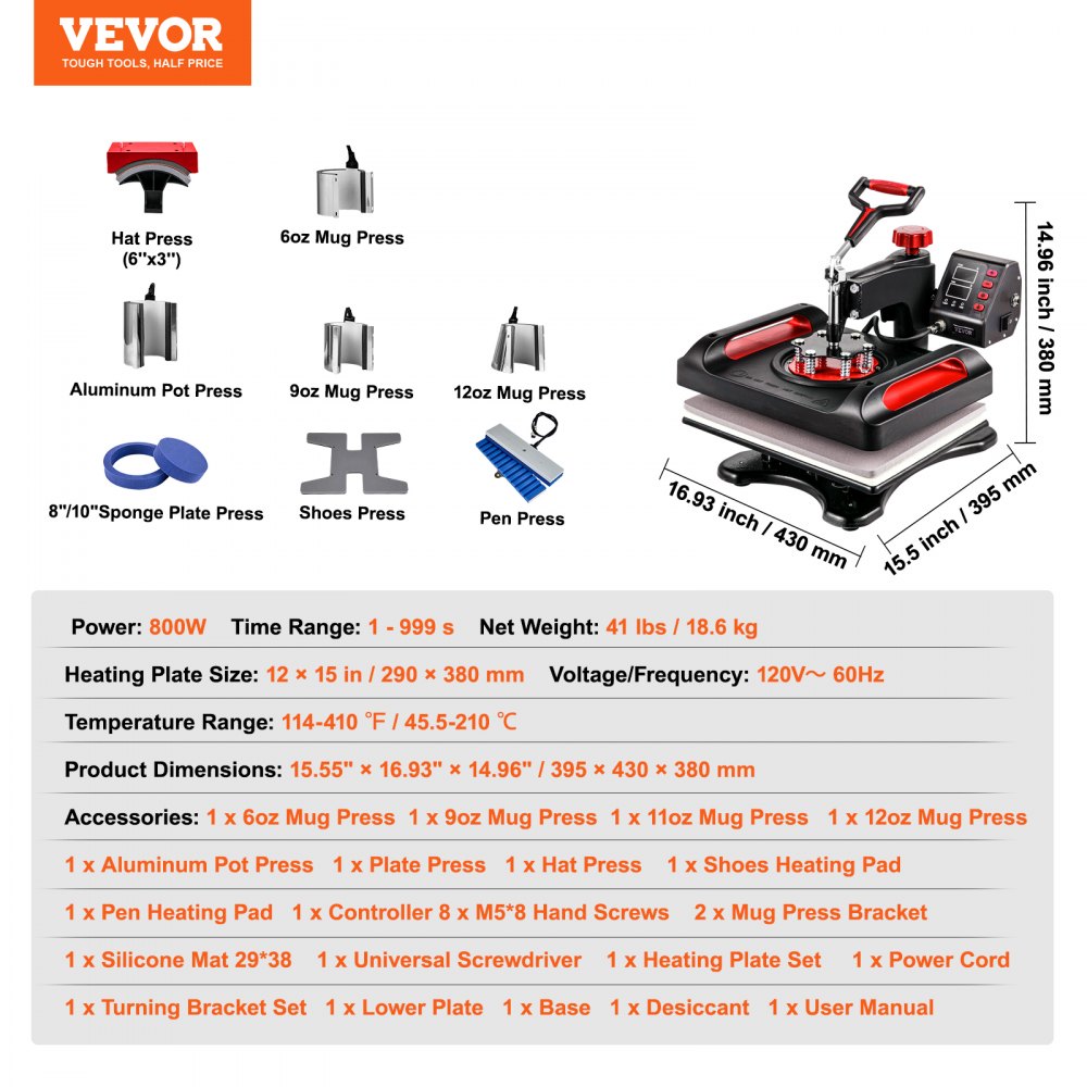 AMITOOLS 11 in 1 Heat Press, 12 x 15 Inch, Multifunctional Clamshell Printer, Digital Dual-Tube Heat Press Transfer Machine, Swing Away Sublimation Machine for T-Shirt Hat Cap Mug Plate Pen Shoes Black，360° Swing Away Design