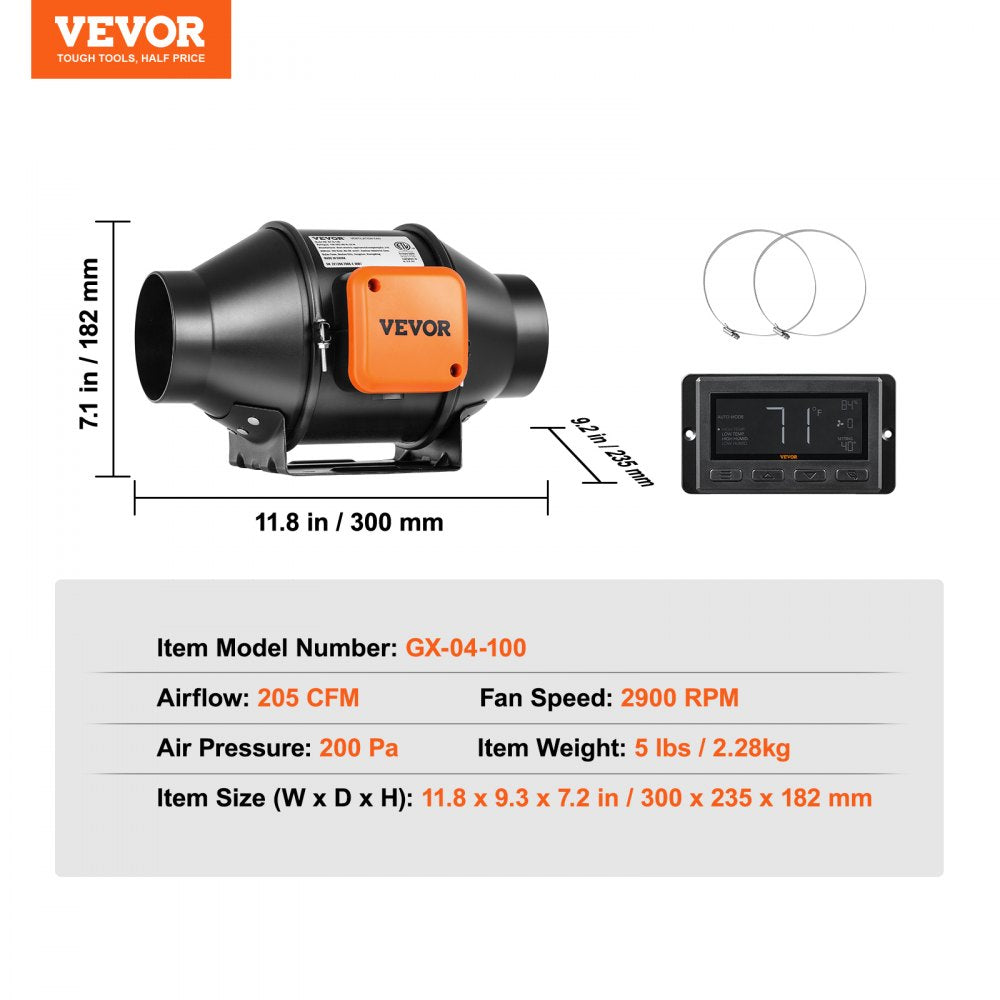 AMITOOLS Inline Duct Fan, 4-Inch 205 CFM Quiet EC-motor Ventilation Exhaust Fan, with Temperature Humidity Controller for Cooling Booster, Grow Tents, Hydroponics