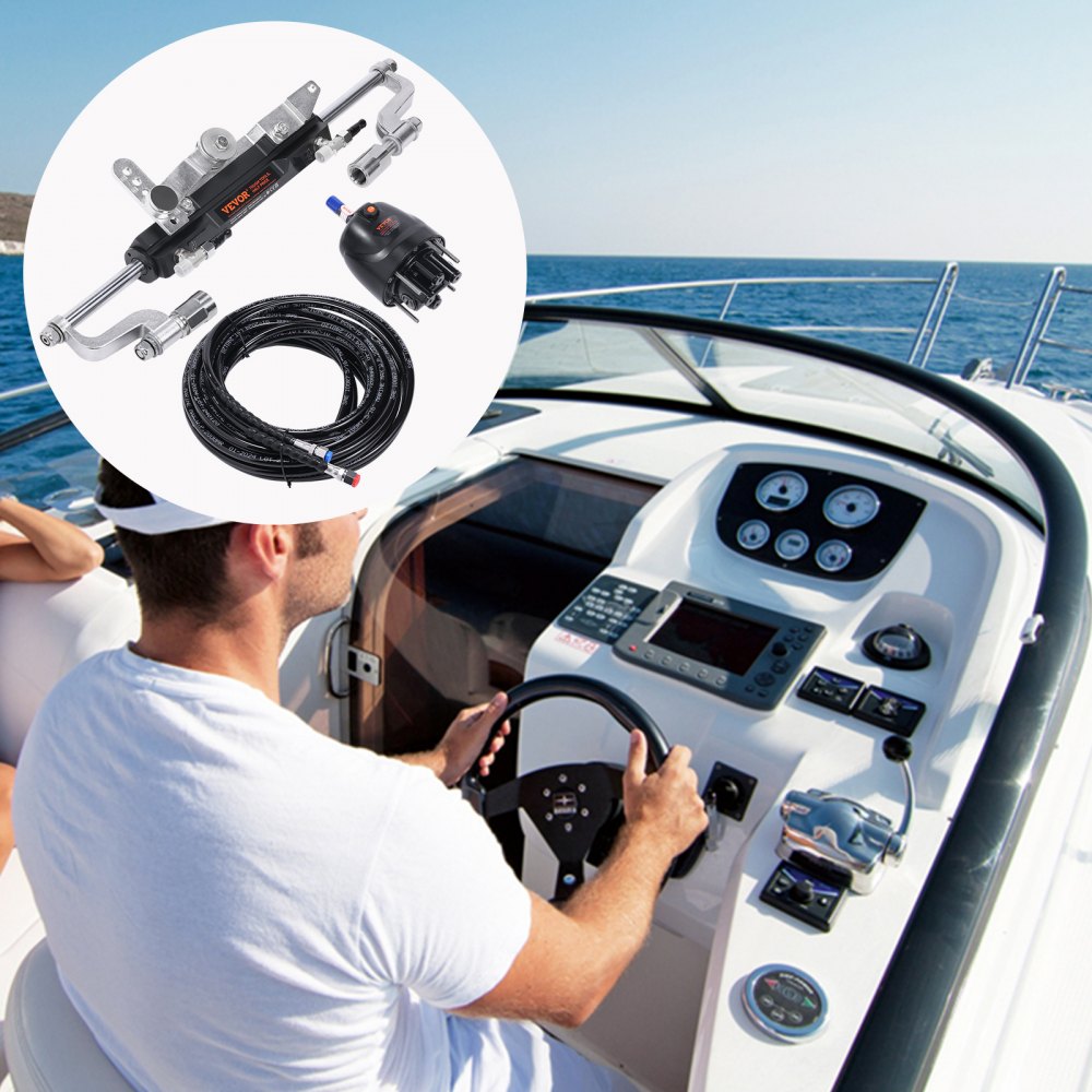 AMITOOLS Hydraulic Outboard Steering Kit, 300HP, Marine Boat Hydraulic Steering System, with Helm Pump Two-Way Lock Cylinder and 26 Feet Hydraulic Steering Hose, for Single Station Single-Engine Boats