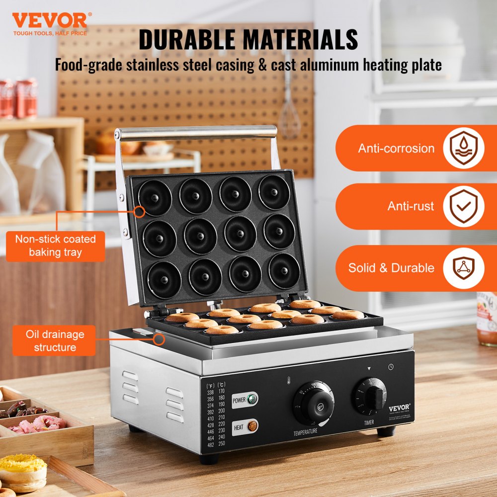 AMITOOLS Electric Donut Maker, 1550W Commercial Doughnut Machine with Non-stick Surface, 12 Hole Double-Sided Heating Waffle Machine Makes 12 Doughnuts, Temperature 122-572℉, for Restaurant & Home Use