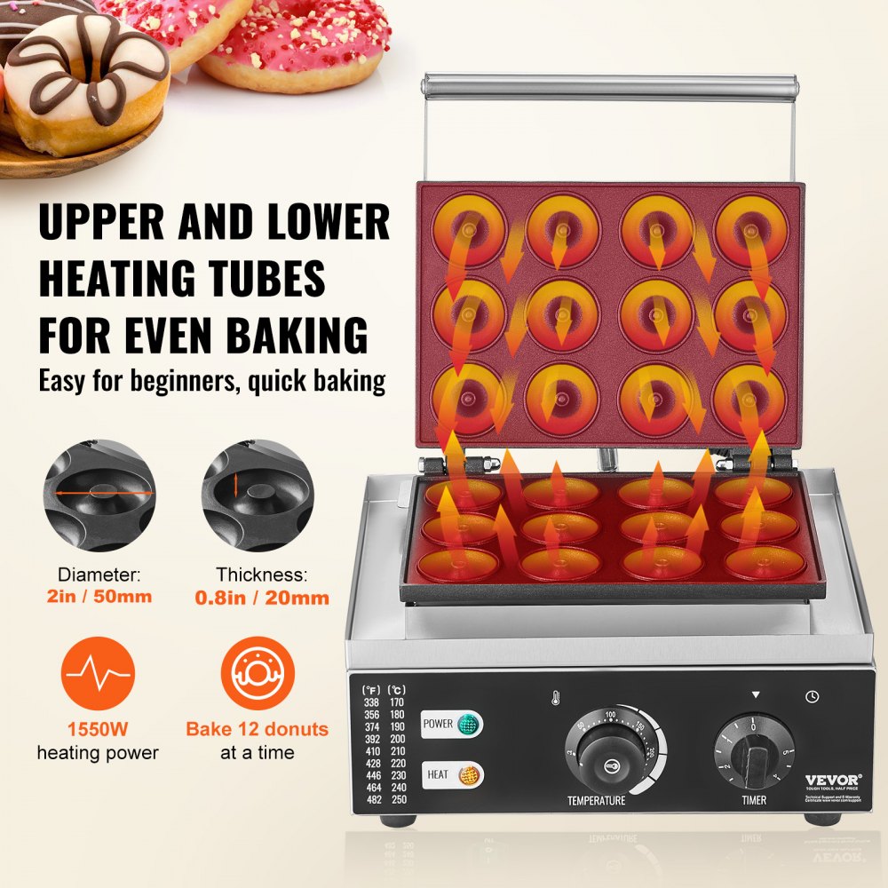 AMITOOLS Electric Donut Maker, 1550W Commercial Doughnut Machine with Non-stick Surface, 12 Hole Double-Sided Heating Waffle Machine Makes 12 Doughnuts, Temperature 122-572℉, for Restaurant & Home Use