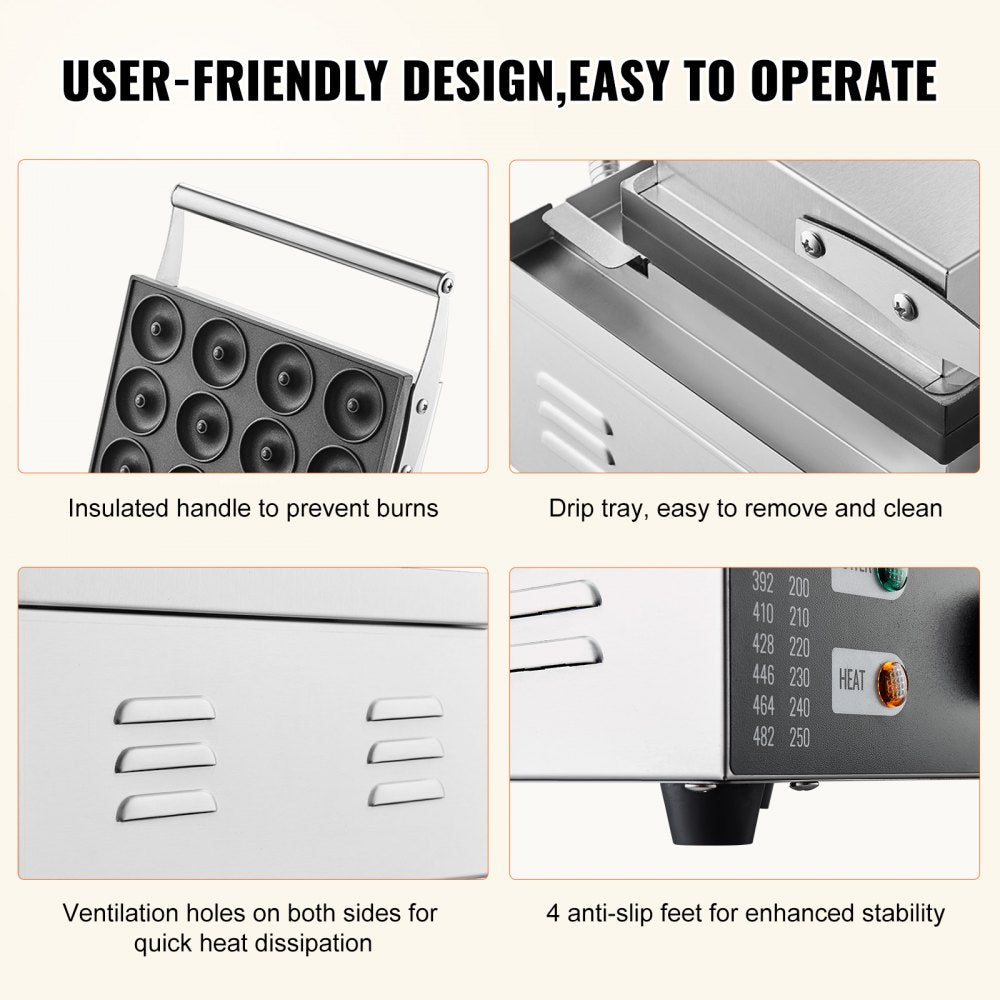 AMITOOLS Electric Donut Maker, 1550W Commercial Doughnut Machine with Non-stick Surface, 12 Hole Double-Sided Heating Waffle Machine Makes 12 Doughnuts, Temperature 122-572℉, for Restaurant & Home Use