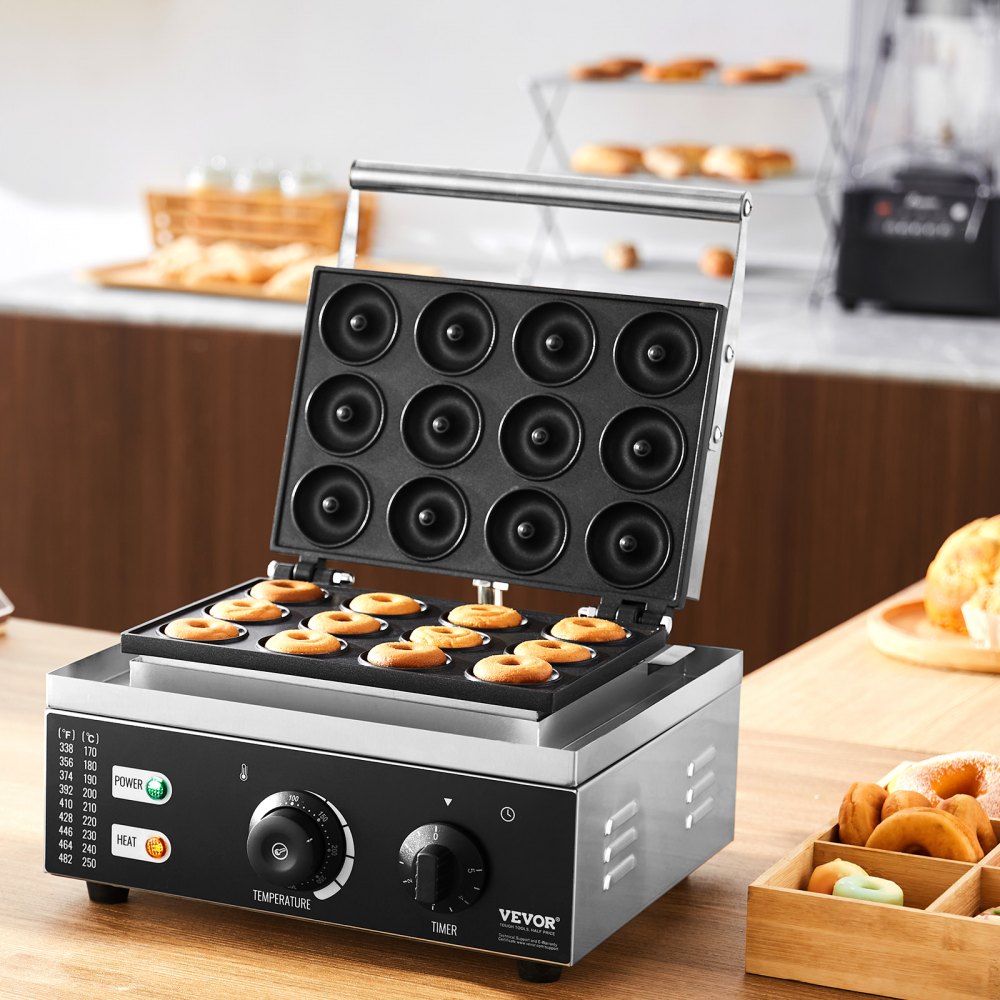 AMITOOLS Electric Donut Maker, 1550W Commercial Doughnut Machine with Non-stick Surface, 12 Hole Double-Sided Heating Waffle Machine Makes 12 Doughnuts, Temperature 122-572℉, for Restaurant & Home Use