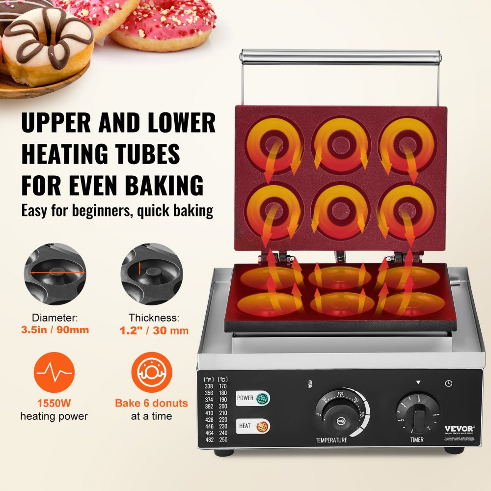 AMITOOLS Electric Donut Maker, 1550W Commercial Doughnut Machine with Non-stick Surface, 6 Holes Double-Sided Heating Waffle Machine Makes 6 Doughnuts, Temperature 122-572℉, for Restaurant and Home Use