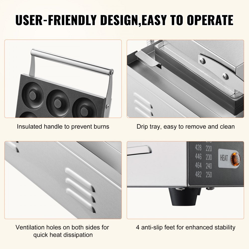 AMITOOLS Electric Donut Maker, 1550W Commercial Doughnut Machine with Non-stick Surface, 6 Holes Double-Sided Heating Waffle Machine Makes 6 Doughnuts, Temperature 122-572℉, for Restaurant and Home Use