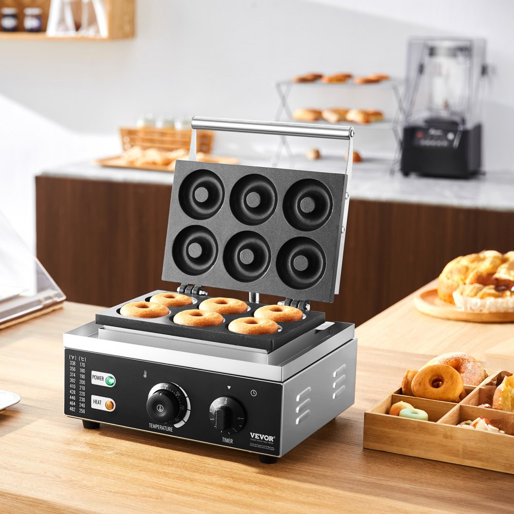 AMITOOLS Electric Donut Maker, 1550W Commercial Doughnut Machine with Non-stick Surface, 6 Holes Double-Sided Heating Waffle Machine Makes 6 Doughnuts, Temperature 122-572℉, for Restaurant and Home Use