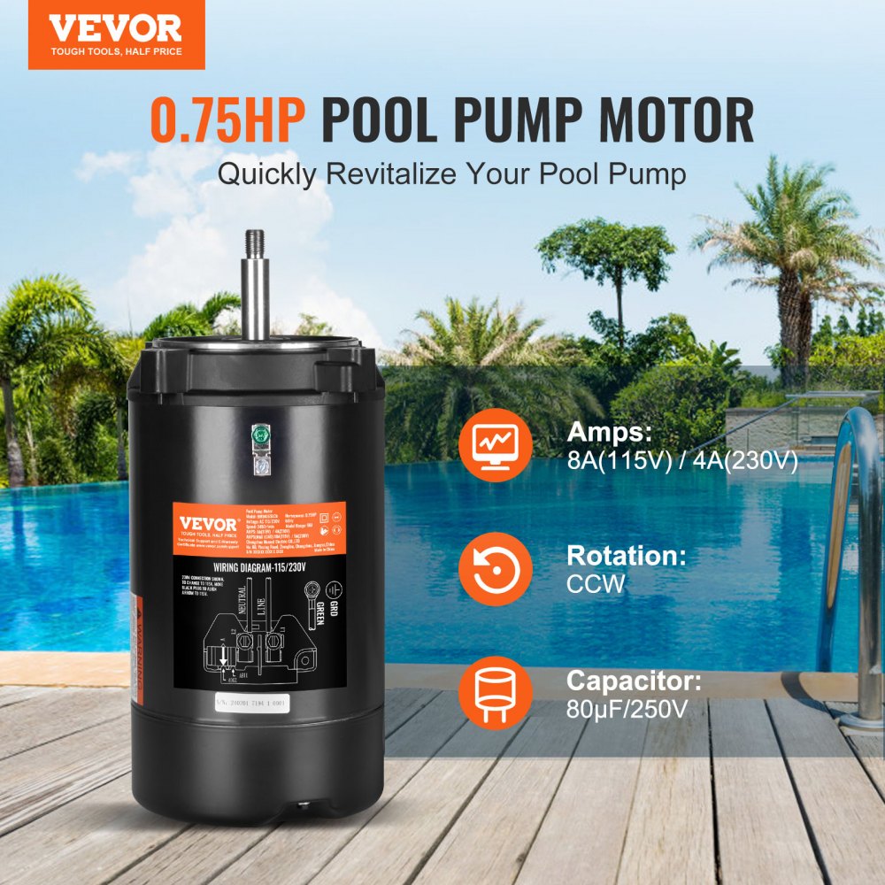 AMITOOLS 0.75 HP Pool Pump Motor, 56J Frame, 115V(8 Amps)/230V(4 Amps) 3450 RPM, 60Hz, 1.5 Service Factor, 80μF/250V Capacitor, CCW Rotation Round Flange Replacement Motor