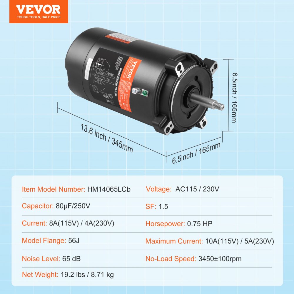 AMITOOLS 0.75 HP Pool Pump Motor, 56J Frame, 115V(8 Amps)/230V(4 Amps) 3450 RPM, 60Hz, 1.5 Service Factor, 80μF/250V Capacitor, CCW Rotation Round Flange Replacement Motor