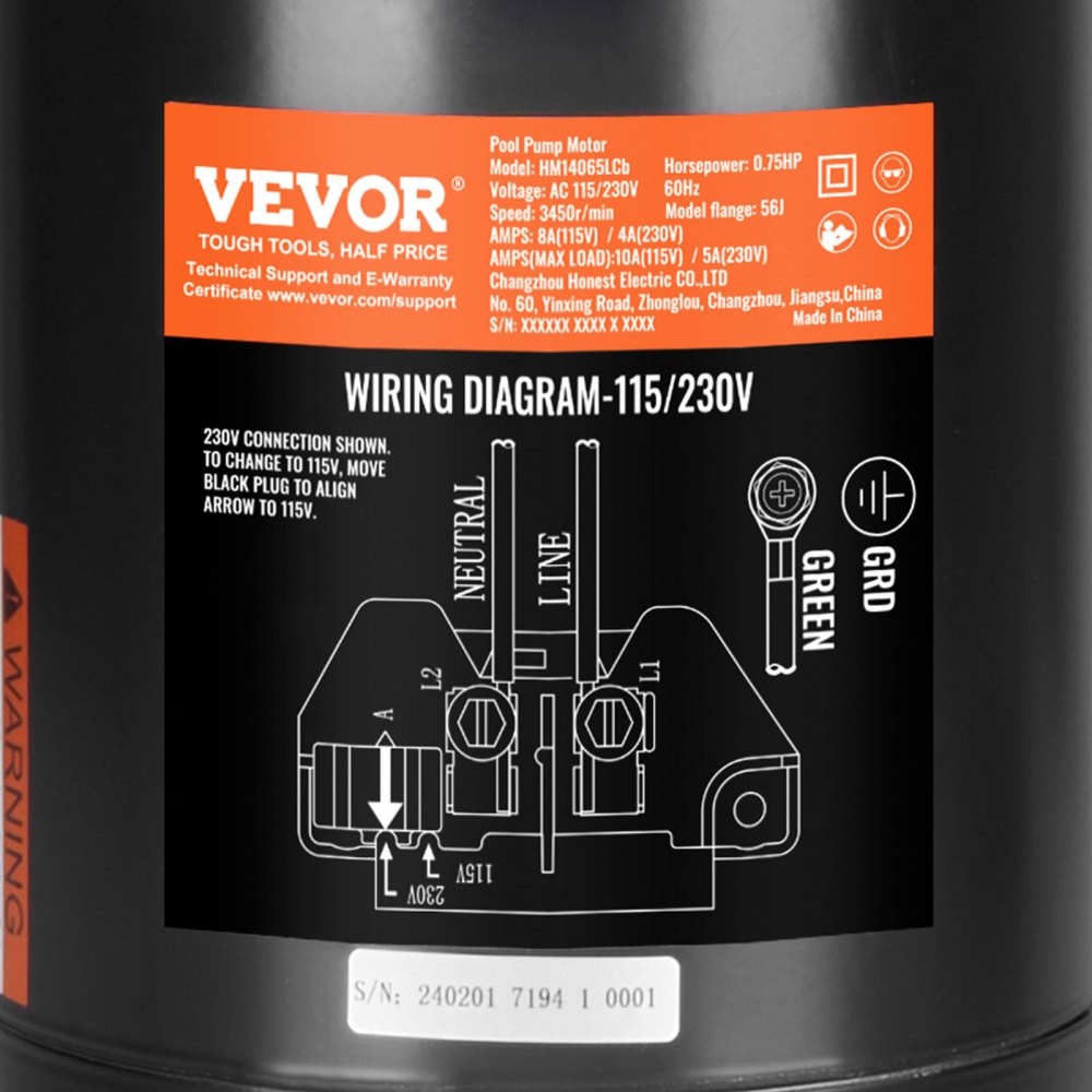 AMITOOLS 0.75 HP Pool Pump Motor, 56J Frame, 115V(8 Amps)/230V(4 Amps) 3450 RPM, 60Hz, 1.5 Service Factor, 80μF/250V Capacitor, CCW Rotation Round Flange Replacement Motor