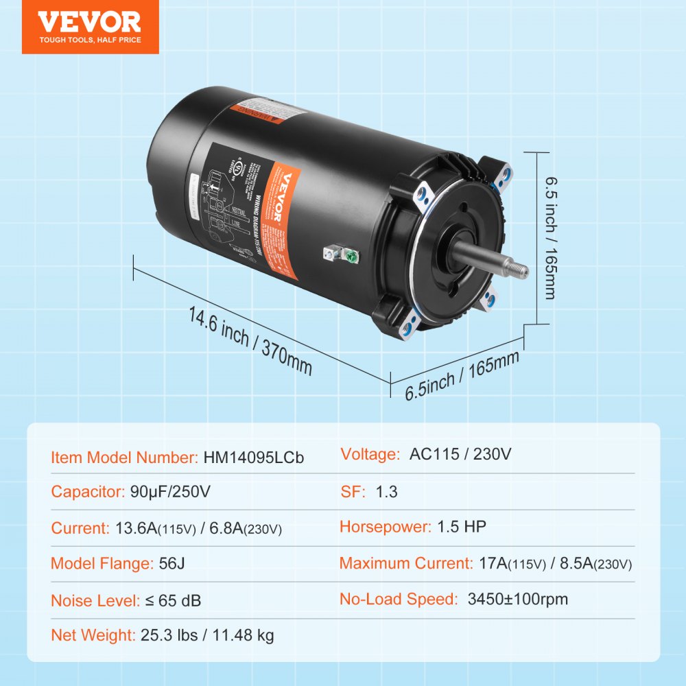 AMITOOLS 1.5 HP Pool Pump Motor, 56J Frame, 115V(13.6 Amps)/230V(6.8 Amps) 3450 RPM, 60Hz, 1.3 Service Factor, 90μF/250V Capacitor, CCW Rotation Round Flange Replacement Motor