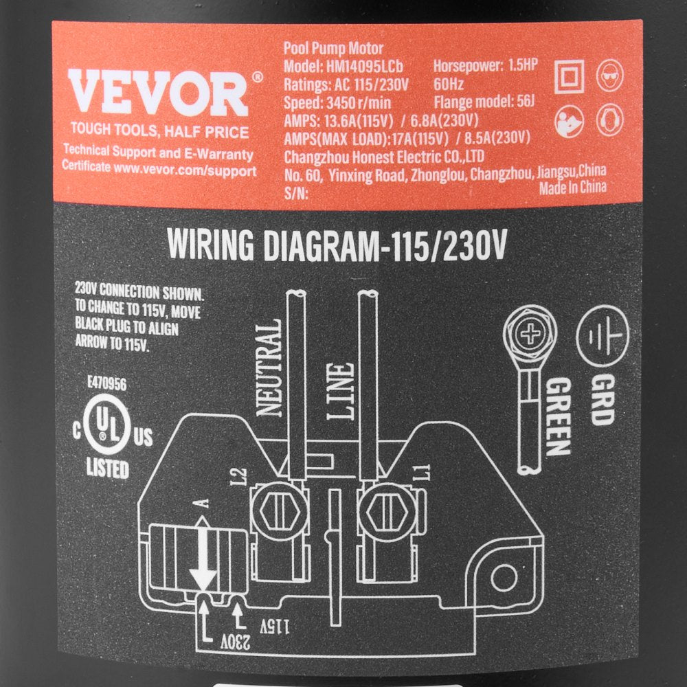 AMITOOLS 1.5 HP Pool Pump Motor, 56J Frame, 115V(13.6 Amps)/230V(6.8 Amps) 3450 RPM, 60Hz, 1.3 Service Factor, 90μF/250V Capacitor, CCW Rotation Round Flange Replacement Motor